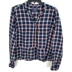 Abercrombie & Fitch Navy Plaid Long Sleeve Button down Peplum Shirt L